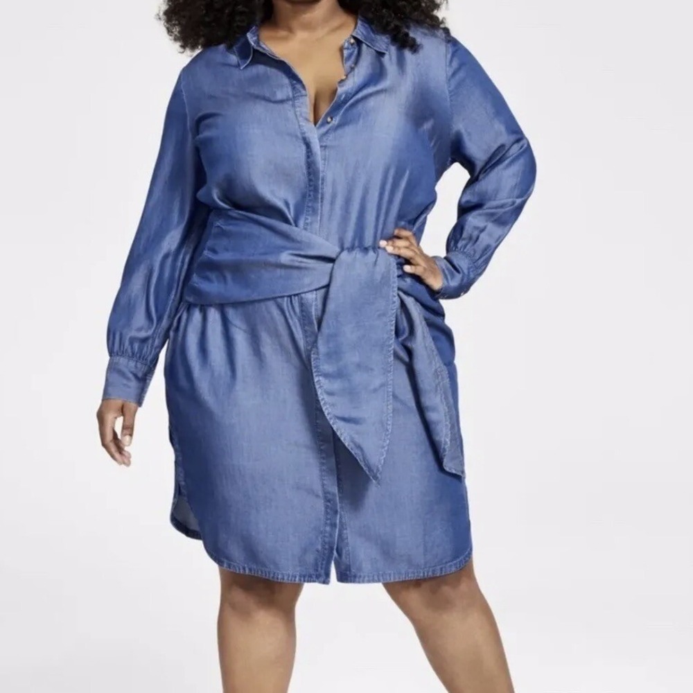 Nina Parker Women's Plus Denim Dark Blue Dress 2X 100% Lyocell Tie Waist